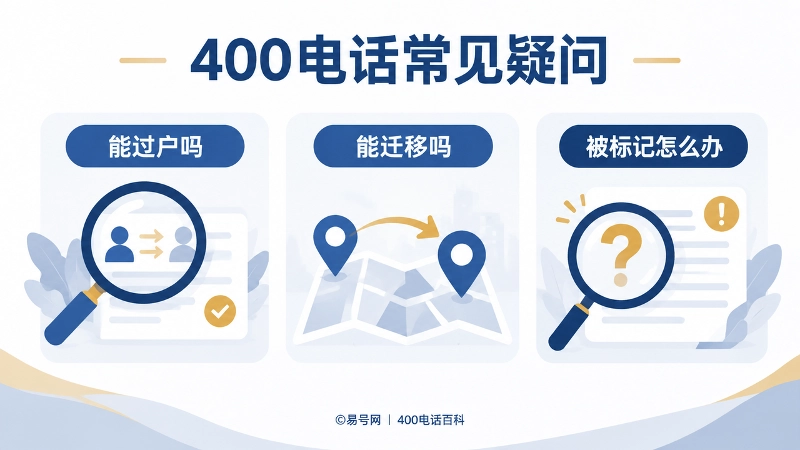400电话常见疑问解答图，聚焦展示能过户吗、能迁移吗、被标记怎么办三个问题。