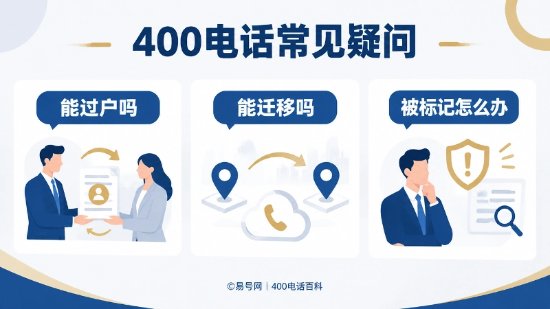 400电话常见疑问解答图，包含能否过户、能否迁移、被标记怎么办三个问题