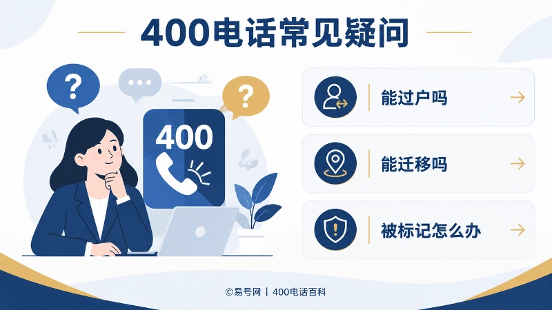 400电话常见疑问问答解答图，涵盖能否过户、能否迁移、被标记怎么办。