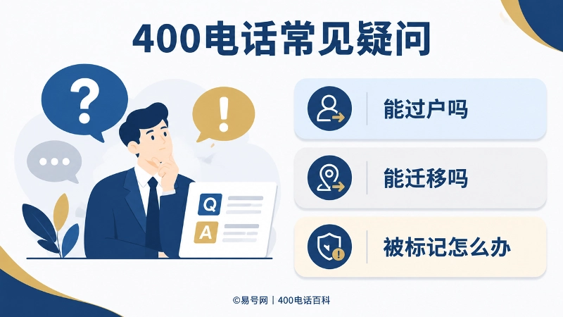 400电话常见疑问解答图，顶部标题为400电话常见疑问，右侧卡片为能过户吗、能迁移吗、被标记怎么办。