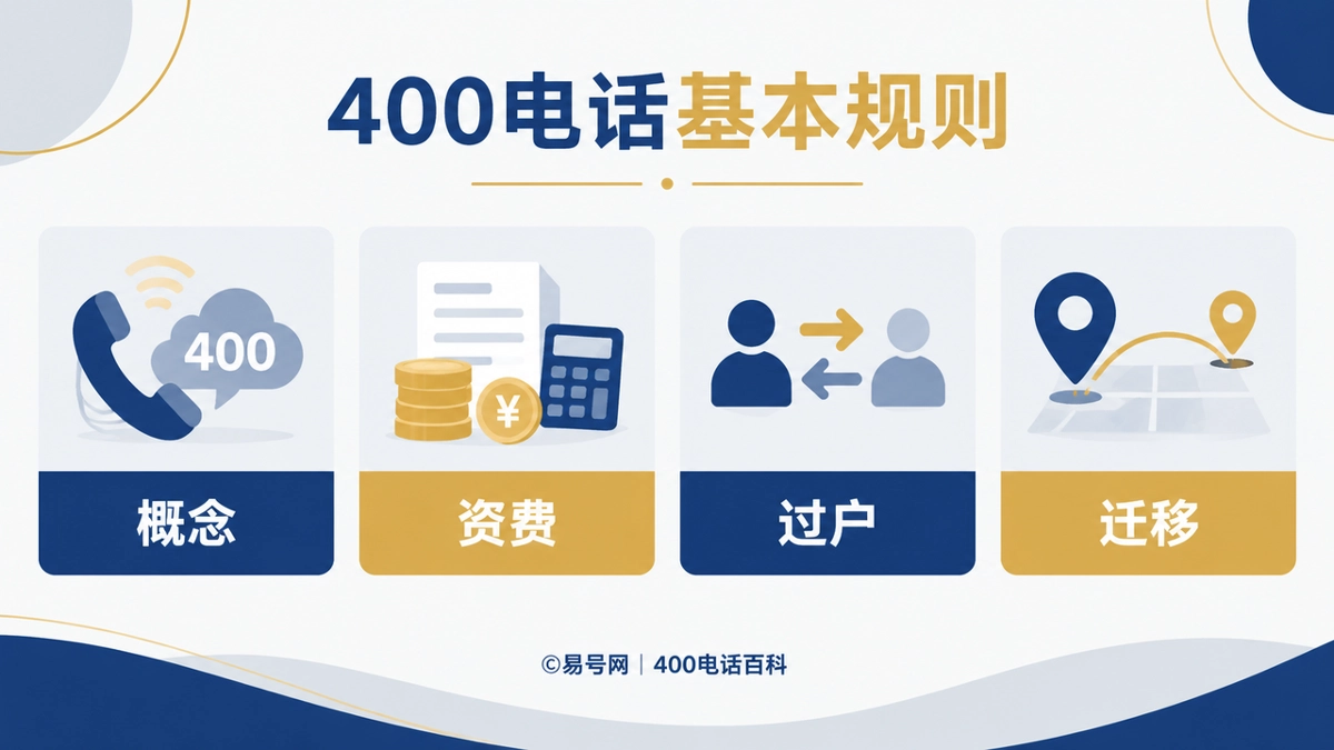 400电话基本规则知识说明图，展示概念、资费、过户、迁移四个要点。